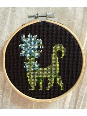 Handmade Cross Stitched Garden Monster Ornament/Wall Art - Green w/ Blue Flowers